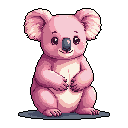 This pixel art features an adorable, pink baby koala with big, shiny eyes and a gentle expression. The sweet color palette and simple design create a charming and innocent image.