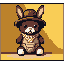 This pixel art features a cute, seated, dark brown teddy bear-like creature with a wide-brimmed hat and dotted bandana. Its innocent expression and warm color palette evoke a feeling of nostalgia and peacefulness.