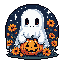 A friendly pixel art ghost cradles a carved pumpkin amidst a star-filled, floral night. This charming Halloween scene evokes a whimsical and nostalgic mood.