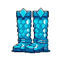 This pixel art showcases a pair of crystalline armored boots, rendered in cool blues and cyan, evoking a sense of magic and power. Their intricate, faceted design and prominent diamond crests suggest a valuable and protective item, perfect for a retro fantasy adventure.