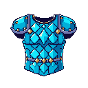 This vibrant pixel art showcases a detailed, isometric fantasy chest plate, shimmering with blue scales and gold accents. The armor's intricate design and eye-catching color scheme evoke a sense of adventure and powerful treasure. It would fit well in a classic RPG inventory.