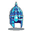This pixel art showcases an ornate ice or crystal helmet, radiating mystique and power. Its intricate, shard-like details and central gem suggest a magical artifact or symbol of a frost-aligned warrior. The cool blue palette enhances its ethereal and cold aesthetic.