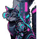 A sophisticated cybernetic cat with glowing cyan eyes and intricate magenta and cyan implants is depicted in striking pixel art. The feline's thoughtful gaze and mechanical augmentations create a futuristic and slightly melancholic cyberpunk vibe. The neon lights contrast with the dark backdrop.