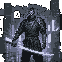 A cyber-ninja with a skull-like mask stands poised in a ruined cityscape, wielding a glowing broadsword. The imposing figure emanates stoicism and menace in the desolate urban setting.