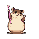 This pixel art depicts a determined hamster, standing against a black background, ready to cast a spell with its glowing pink wand. The adorable adventurer exudes a whimsical charm with a hint of magical power.