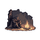 A weary, armored figure rests beside a small campfire, their bowed head and hunched posture conveying a moment of solitary respite. The warm glow of the fire offers a stark contrast to the knight's somber mood and the encompassing darkness.