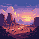 A breathtaking pixel art landscape captures a serene desert sunset/sunrise with towering rock formations framing a radiant, glowing sun. The warm color palette of oranges, reds, and purples creates a majestic and awe-inspiring scene.