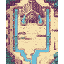 This pixel art image showcases a grand stone temple with cascading fountains that feed into tranquil canals. Nestled in lush vegetation, the serene scene evokes a sense of ancient history and hidden beauty.