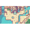A top-down pixel art scene features an ancient stone temple with a cascading waterfall, the source of a winding stream that cuts through an arid landscape and feeds a patch of lush vegetation. The structure and surrounding waterscape evoke a sense of history and serene beauty, reminiscent of classic adventure games.