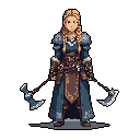 A detailed pixel art portrait showcases a determined female warrior, armed with dual axes and clad in practical armor of blues, browns, and greys. Her blonde braids frame her face, highlighting her alert expression and conveying a sense of quiet strength.