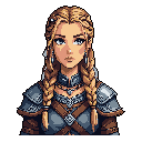 A pixel art portrait depicts a blonde-braided warrior woman in detailed blue-gray armor, her somber gaze conveying quiet strength. The ornate necklace and shield emblem hint at her noble status or allegiance.