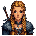 This pixel art portrait features a determined warrior woman with elaborate blonde braids and piercing blue eyes. Clad in fur and leather armor, she wears a wolf pendant and carries a sword with a skull-like pommel, suggesting a stoic and capable adventurer.