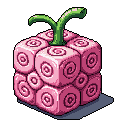 This pixel art depicts a fantastical, blocky fruit reminiscent of *One Piece*'s Devil Fruits, featuring intricate pink spirals and vibrant green stems. The isometric view and bright color palette give this unique creation a whimsical and slightly retro video game feel.