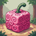 This pixel art showcases a captivating, cube-shaped fruit adorned with swirling patterns and a curved stem, hinting at a rare and mystical find. Set within a lush forest, the unusual fruit evokes a sense of curiosity and fantasy.