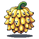 This pixel art image features a whimsical, spherical cluster of bananas, each with its own expressive face. Floating in a void, this quirky fruit creature evokes a sense of playful absurdity.