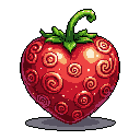 A vibrant, heart-shaped fruit, adorned with mystical spiral patterns, takes center stage in this pixel art piece. The luscious red fruit, complete with a green stem and subtle shadow, evokes a sense of fantasy and intrigue.