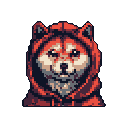 This pixel art features an adorable Shiba Inu (or similar breed) looking directly at the viewer while wearing a cozy red hood. The dog's gentle expression and simple design create a charming, slightly melancholic portrait.