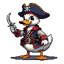 A charming pixel art duck, dressed as a pirate and clutching a dagger, strikes a heroic pose. This adventurous character, complete with a tricorne hat and bandolier, exudes a playful swashbuckling vibe.