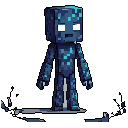 A glowing, blocky golem stands in the darkness, its dark form illuminated by an eerie blue-green luminescence. The minimalist pixel art gives the creature an enigmatic and otherworldly presence.