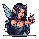 A mystical fairy or elf delicately presents a vibrant red apple, her dark hair adorned with flowers and translucent wings hinting at a gothic fantasy. Set against a stark black background, the pixel art portrait evokes a sense of quiet enchantment and subtle mystery.