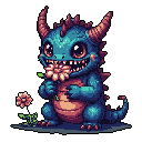 A ridiculously cute baby dragon (or monster!) sits on a mossy ground and delicately sniffs a pink flower, its wide eyes sparkling with delight. The pixel art's vibrant colors and innocent expression create an overwhelmingly charming scene.