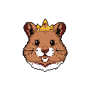 A pixelated hamster head, sporting a tiny gold crown, stares out with wide, curious eyes. The adorable "king of the hamsters" exudes a whimsical and endearing charm in this retro-style portrait.