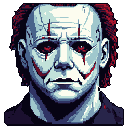 This pixel art portrait captures a grim-faced man with striking red markings around his eyes and mouth, creating an intense and unsettling image. The close-up perspective and muted color palette emphasize the figure's weathered features and melancholic expression.