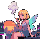 A blonde, elf-eared fairy with light blue wings sits pensively against a cyberpunk city skyline, a lit cigarette in hand. Her melancholic pose and futuristic setting create a blend of fantasy and gritty urban vibes.