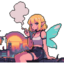 This pixel art depicts a winged elf or fairy, relaxing with a cigarette against a vibrant sunset cityscape. Her contemplative pose and the warm, nostalgic color palette create a serene yet slightly melancholic urban fantasy scene.
