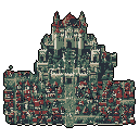 This pixel art showcases a grand, medieval-inspired city dominated by a towering castle at its peak. The sprawling cityscape, rendered in muted greens and reds, evokes a sense of ancient power and intricate architectural detail against a stark black backdrop.