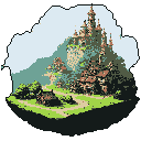 A meticulously crafted pixel art image showcases a majestic, multi-spired castle nestled on a verdant hillside with a small village at its base. The detailed architecture and serene landscape, set against a light blue sky, evoke a sense of peaceful grandeur and nostalgic fantasy.