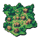 This pixel art depicts a peaceful, isolated village nestled deep within a dense forest, showcasing simple brown-roofed huts connected by winding dirt paths. The isometric view and earthy color palette evoke a nostalgic, self-sufficient community living in harmony with nature.