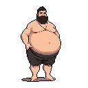 This pixel art features a confident, portly man with a dark beard and shorts, standing bare-chested against a black background. The detailed shading and simple style create a grounded, realistic portrayal of the character.