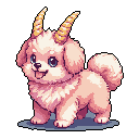 This pixel art features an endearing, fluffy dog-like creature with golden horns, radiating cuteness with its bright blue eyes and happy smile. The delightful design and soft color palette create a whimsical and innocent vibe.