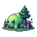 A charming, lime-green, reptilian-like creature with large, innocent eyes rests amidst a miniature forest of colorful mushrooms and flowers. The pixel art evokes a cute and whimsical vibe, reminiscent of a peaceful scene from a storybook.