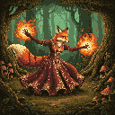 A pixel art fox mage, adorned in a jeweled gown, stands in a mystical forest, conjuring vibrant fire orbs. The image evokes a sense of magical power and ancient ritual.