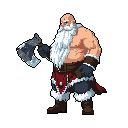 A pixelated, battle-hardened Santa Claus warrior stands ready for action, gripping a massive axe with a stern look. This imposing figure blends festive charm with fierce strength, creating a unique and formidable character.