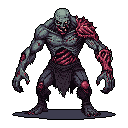 This pixel art showcases a grotesque, mutated zombie poised for attack, its decaying flesh and exposed organs rendered in unsettling detail. The creature's menacing posture and glowing eyes create a powerful sense of horror.