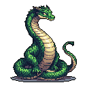 This pixel art showcases a powerful, coiled dragon against a black background, its green scales and stern gaze radiating quiet majesty. The detailed shading and vibrant colors bring this formidable creature to life in a classic fantasy style.