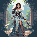 A pixel art warrior woman, adorned in regal attire and holding a sheathed sword, stands confidently within an ancient stone archway. Her serene strength and elegant design evoke a sense of fantasy or historical intrigue.