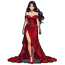 A sophisticated pixel art portrait features a woman in a dramatic, floor-length red gown. Her confident gaze and elegant pose exude glamour and allure.
