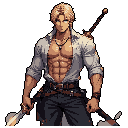 This detailed pixel art depicts a muscular, blonde-haired adventurer with a serious expression, clad in practical attire and armed with a dagger and sheathed sword. The character's powerful build and ready stance suggest a rugged, combat-ready individual.