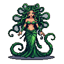 This pixel art depicts a serene dryad or nature spirit with vine-like hair and foliage-inspired clothing. She stands gracefully against a dark backdrop, adorned with gold accents and an ethereal aura.