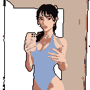 A confident woman in a light blue swimsuit strikes a selfie pose in this pixel art portrait. Her alluring gaze and modern style capture a contemporary sense of self-expression against an abstract background.