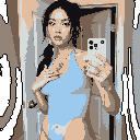 A pixelated young woman captures a mirror selfie in a light blue swimsuit, her casual pose and neutral expression embodying a modern digital snapshot with a nostalgic, retro aesthetic.