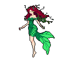 This pixel art depicts a serene, plant-themed enchantress with vibrant green foliage and crimson hair, gracefully posed against a stark black background. Her design evokes a powerful connection to nature, showcasing a blend of fantasy and artistic craftsmanship.