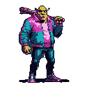 This pixel art reimagines Shrek as a punk-rock ogre, sporting a vibrant 80s-inspired outfit and a confident smirk. He wields a gnarled club against a stark black background, radiating quirky, rebellious energy.