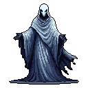 A mysterious, cloaked figure with a glowing white head stands in stark contrast, its open hands offering an unknown embrace. This imposing, spectral entity evokes a sense of solemn power and ominous mystery.