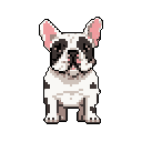 This pixel art image features a charming, seated French Bulldog with a friendly expression and a touch of its pink tongue peeking out. The off-white and black fur creates a classic, nostalgic look, bringing a cute and peaceful vibe to this digital portrait.