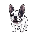 This pixel art features a cheerful French Bulldog, rendered in crisp black, white, and gray tones with a touch of pink for its tongue. The adorable pup stands alert and smiling, radiating a friendly and playful vibe.